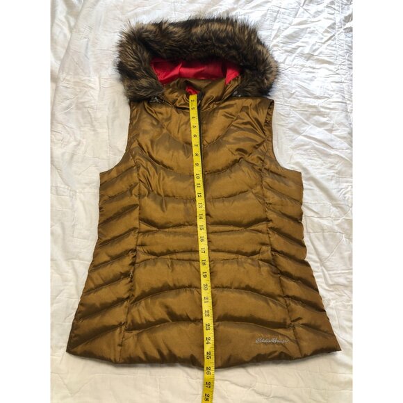 Eddie Bauer Puffer Vest with Faux Fur Trim Metallic Gold Bronze Size M - Picture 12 of 13